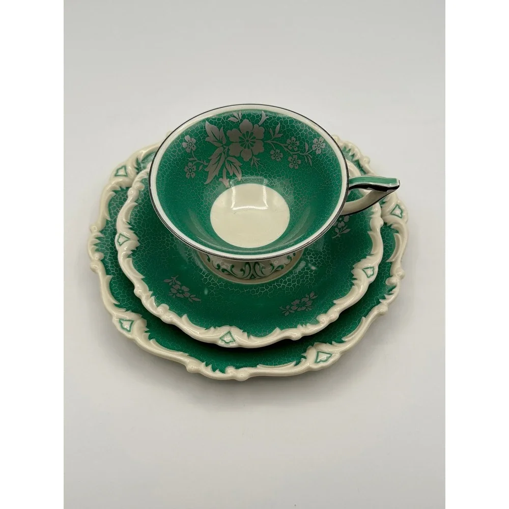 Vintage Seltmann Weiden Germany Emerald Green Silver Plated Floral Tea Cup Set